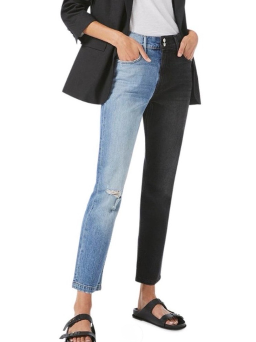 Frame Le Sylvie Slender Straight Black & Indigo Playtha Button Fly Jeans Sz 26
